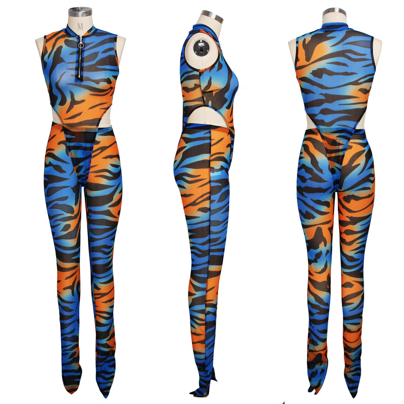 Tiger print mesh elastic jumpsuit